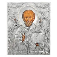 Икона Святой Николай Чудотворец, посеребрённый оклад с жемчугом