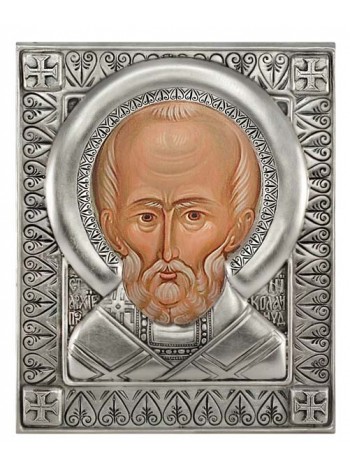 Икона Святой Николай Чудотворец, посеребрённый оклад (малая)