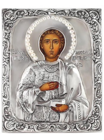 Икона Святой Пантелеимон, посеребрённый оклад