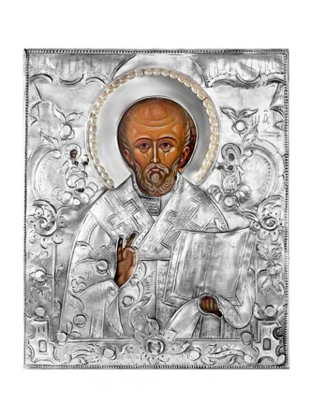 Икона Святой Николай Чудотворец, посеребрённый оклад с жемчугом