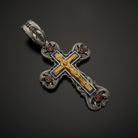 Крест православный серебряный с гранатами, позолотой и эмалью