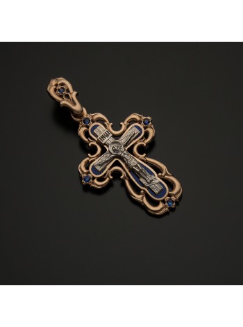 Крестик православный из золота с синей эмалью и сапфирами