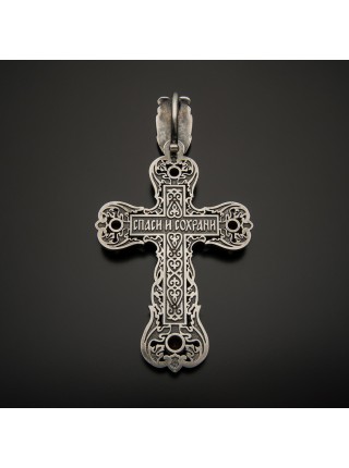 Крест православный серебряный с гранатами, позолотой и эмалью